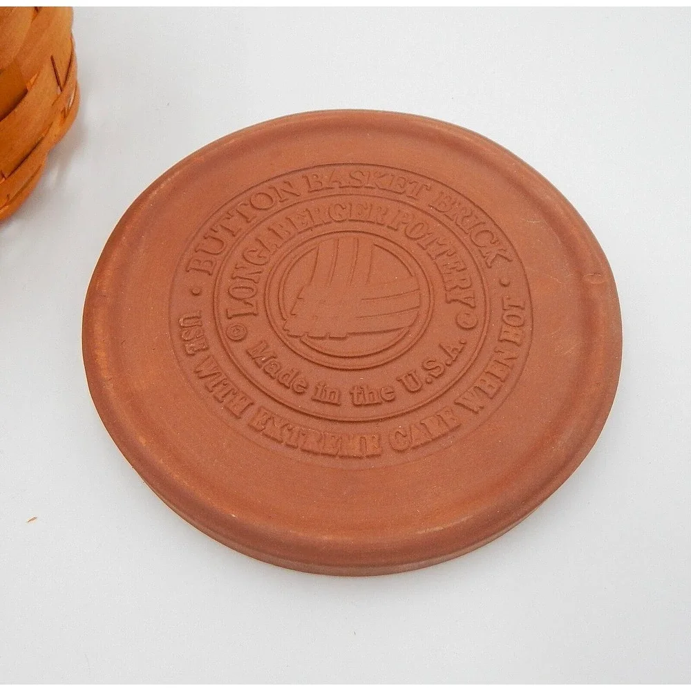 Longerberger 1996 Round Basket Leather Handles Fabric Liner and Warming Brick